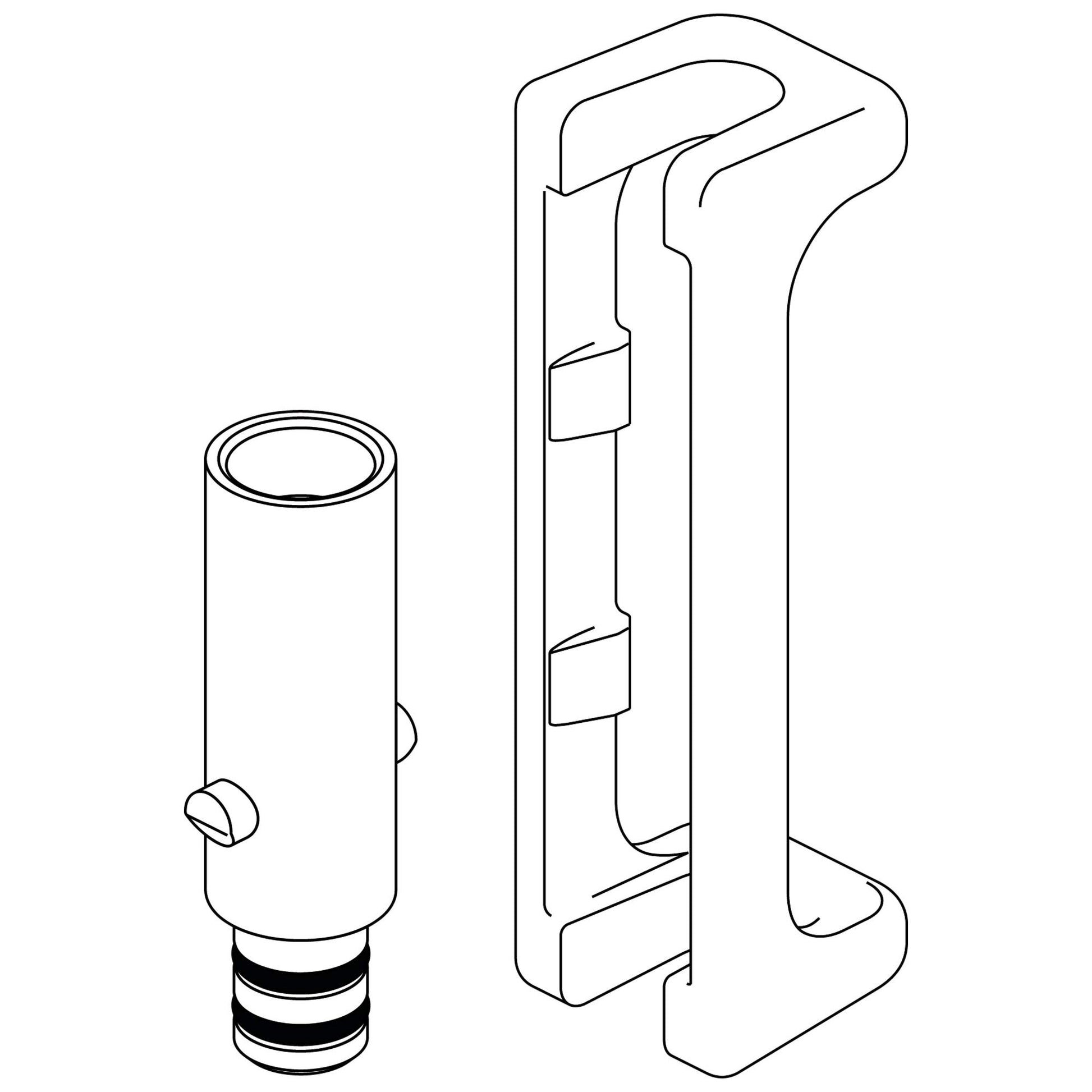 White cylindrical water adapter with threaded base and U-shaped mounting bracket housing internal components.