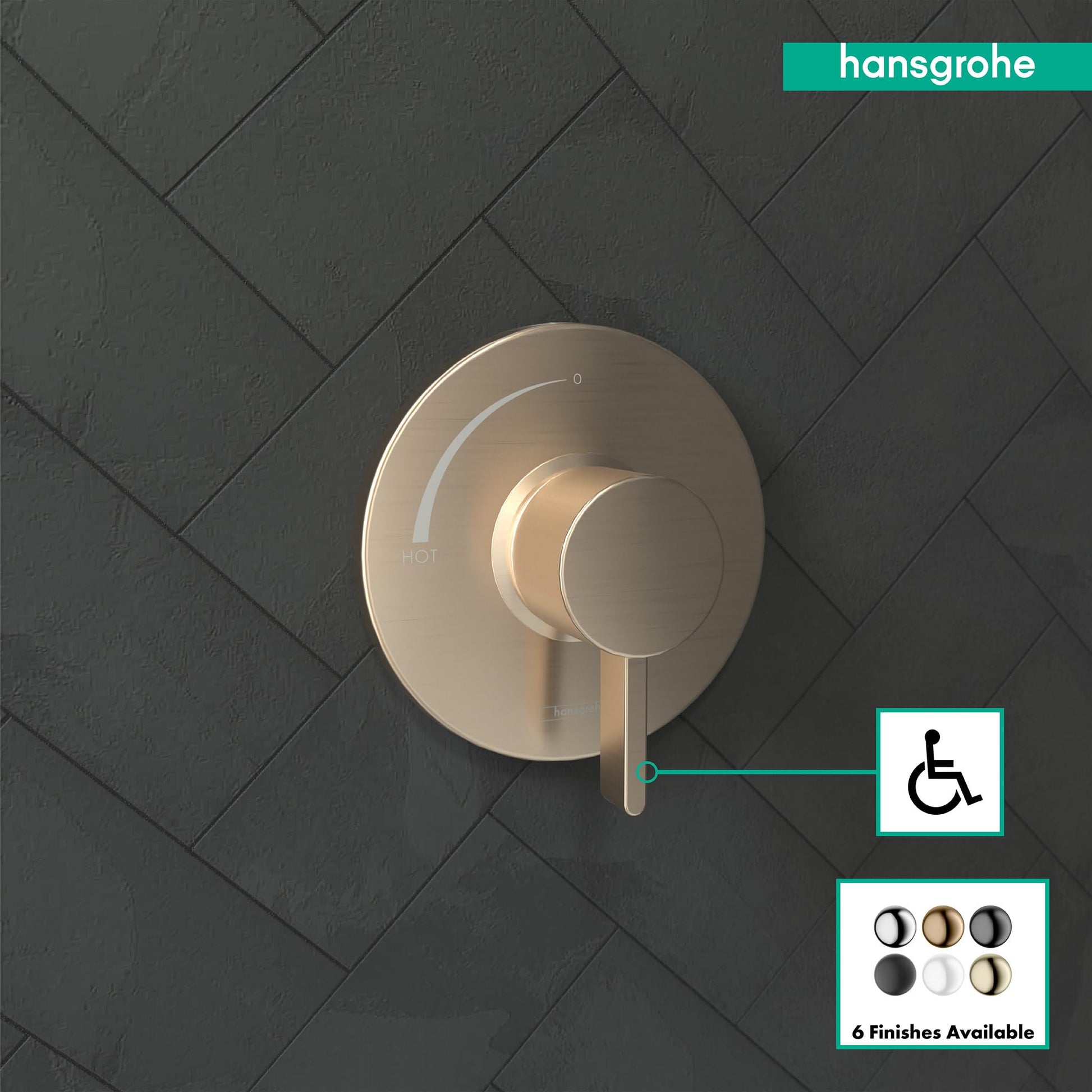 Brushed bronze round pressure balance valve trim with single lever handle mounted on dark tile wall.