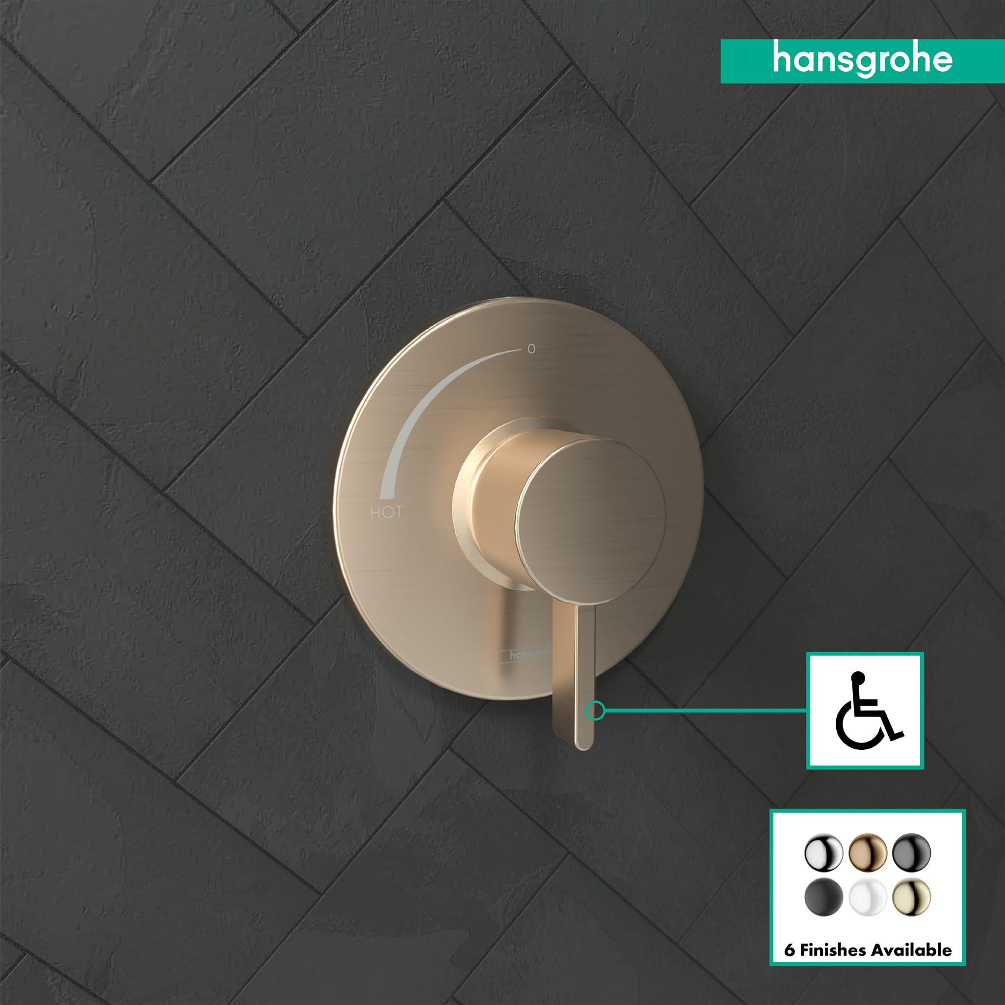 Brushed bronze round pressure balance valve trim with single lever handle mounted on dark tile wall.