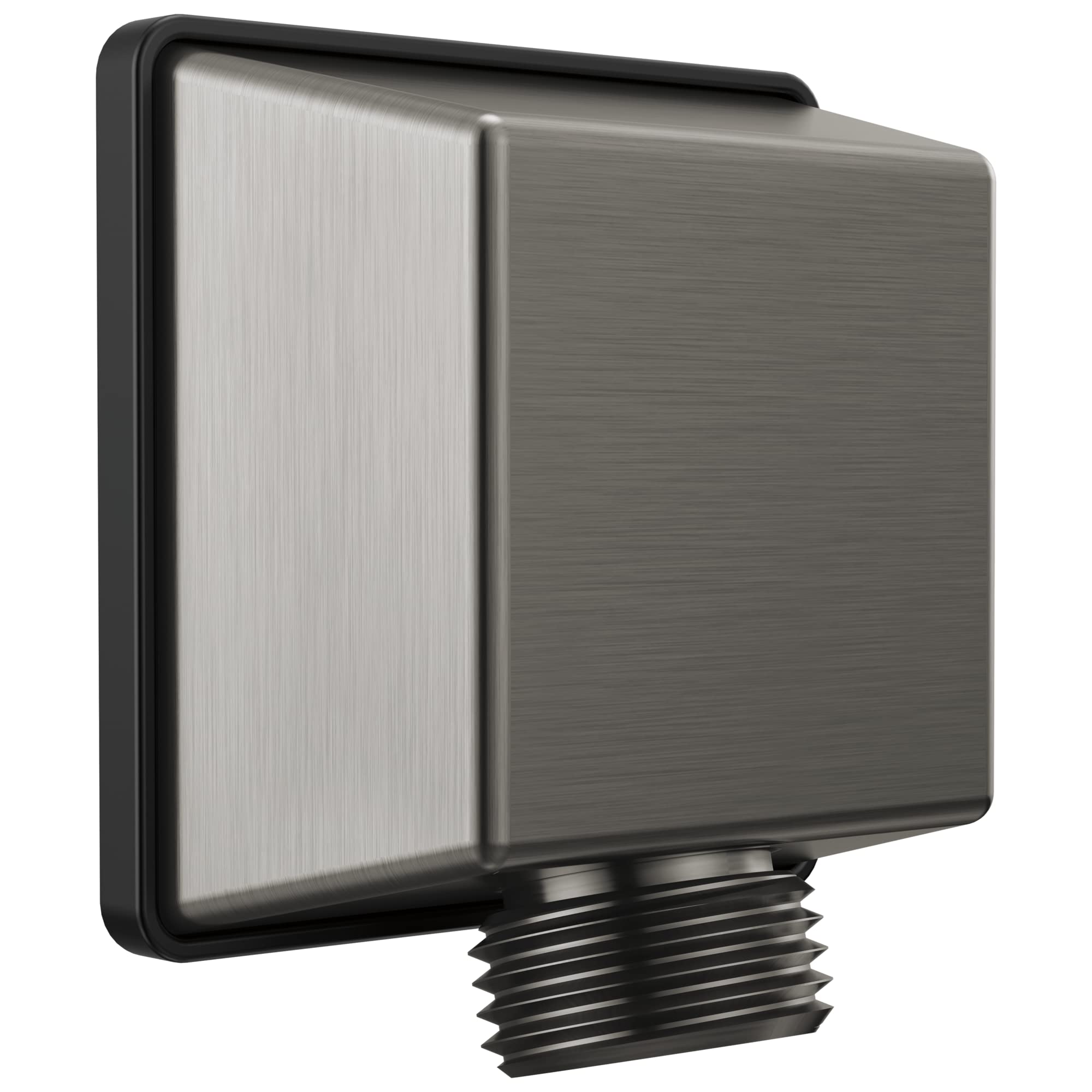 Square brushed metal wall elbow with threaded connection for hand shower attachment.