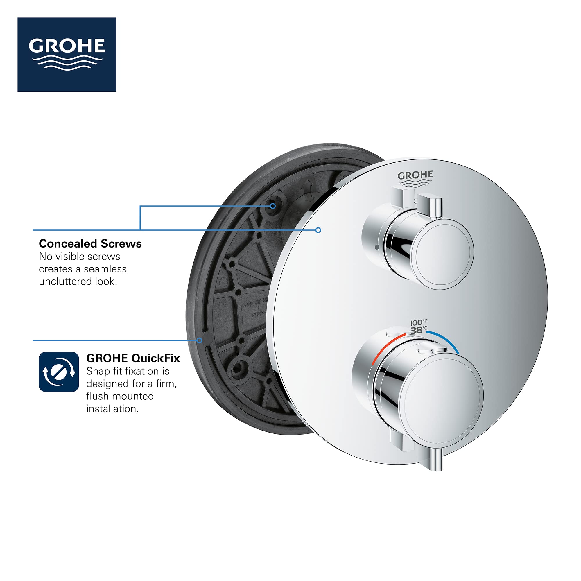 Grohe Grohtherm thermostatic valve trim with two circular chrome handles and concealed mounting hardware shown from front and