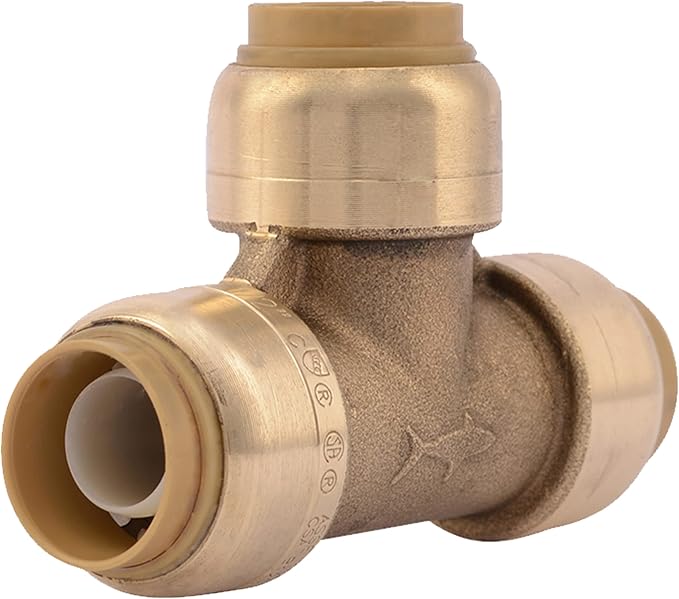 Brass push-fit tee fitting with three 1/2" ports for plumbing connections.
