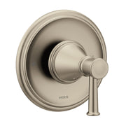 Brushed nickel single-handle shower valve trim with round escutcheon plate and lever handle.