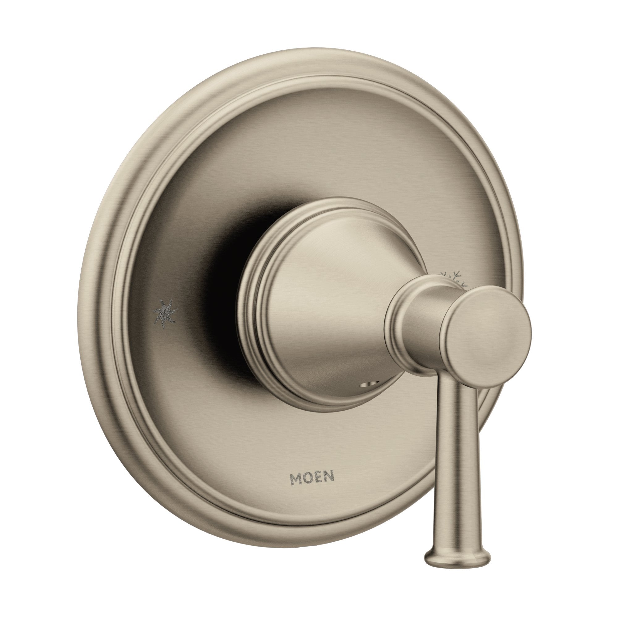 Brushed nickel single-handle shower valve trim with round escutcheon plate and lever handle.