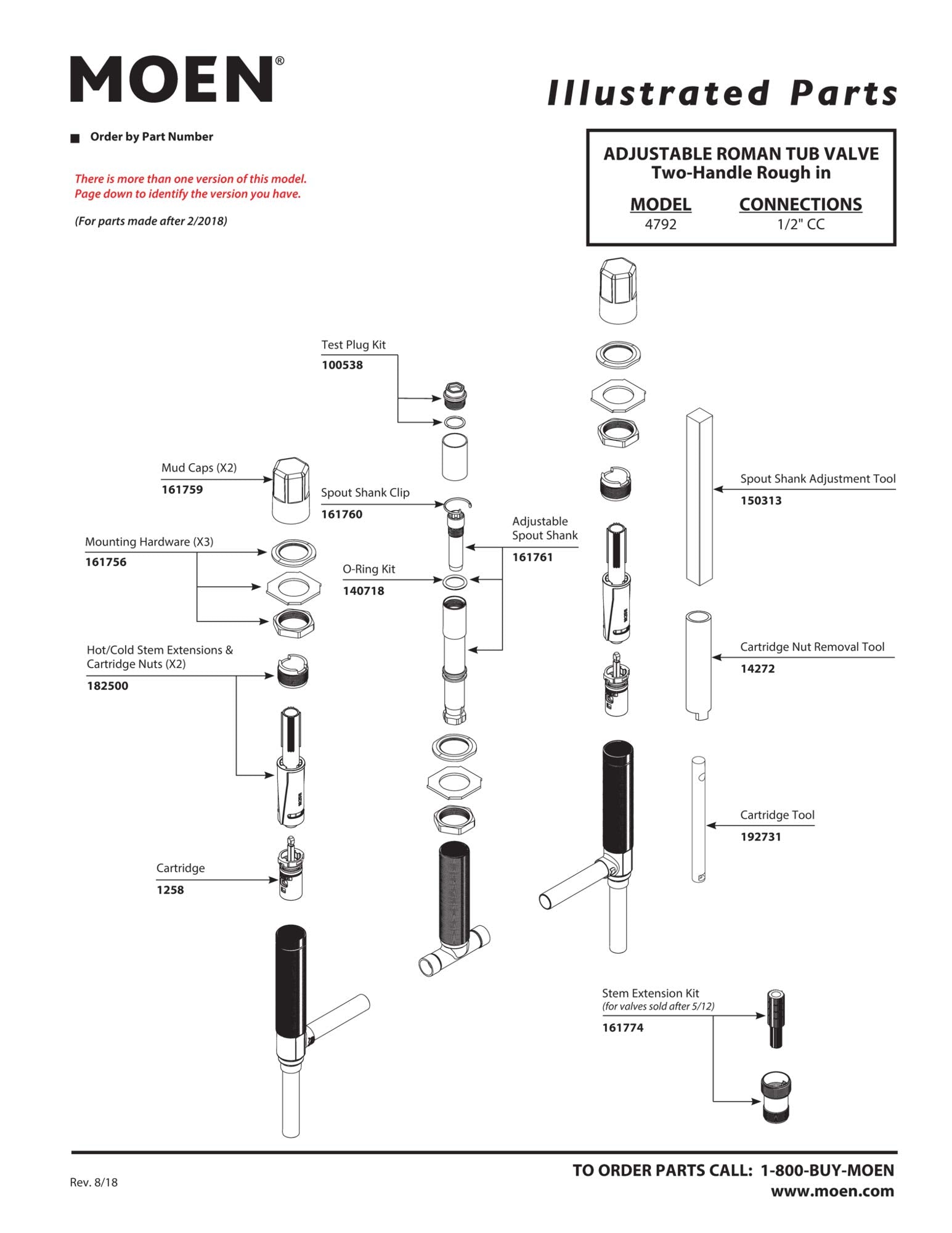 Moen model 4792 adjustable two-handle roman tub valve rough-in with 1/2" CC connections and illustrated parts diagram.