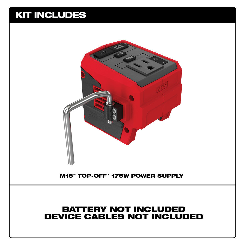 Red and black M18 TOP-OFF 175W power supply with control panel on top and metal handle attachment.