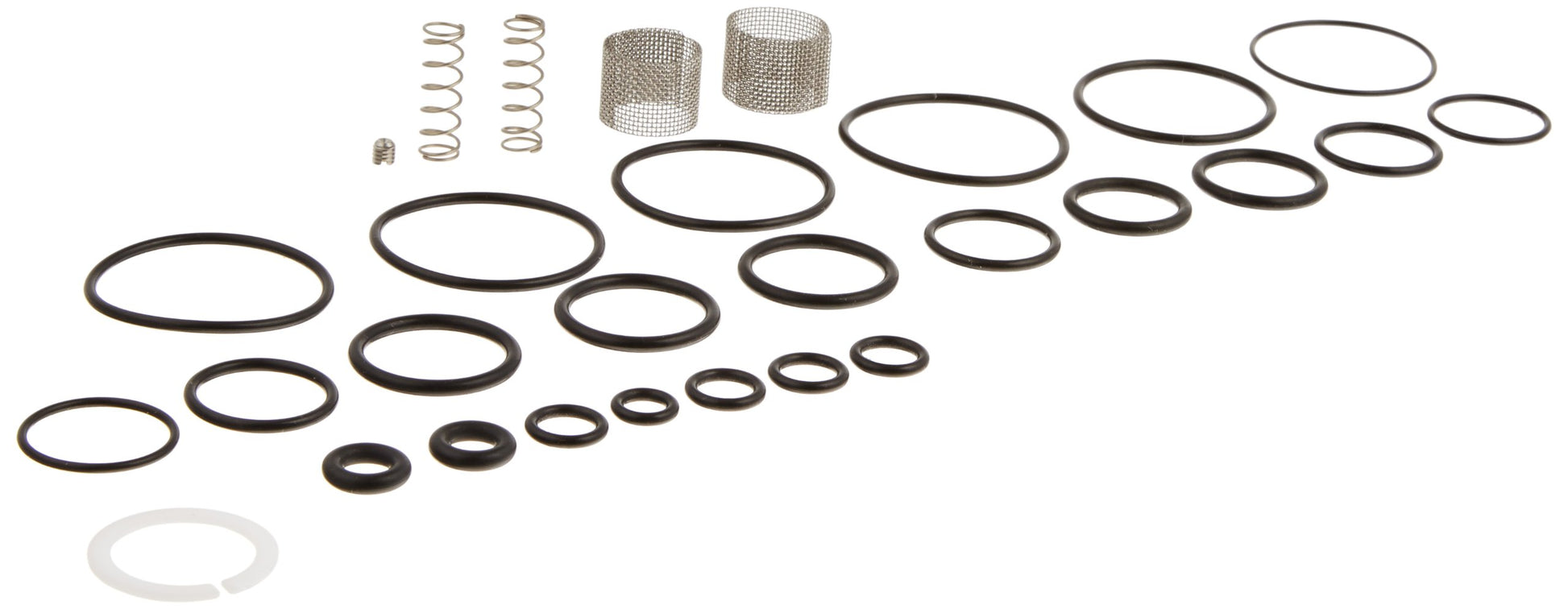 Grohe repair kit containing multiple black rubber seals, springs, and mesh strainers arranged in rows.
