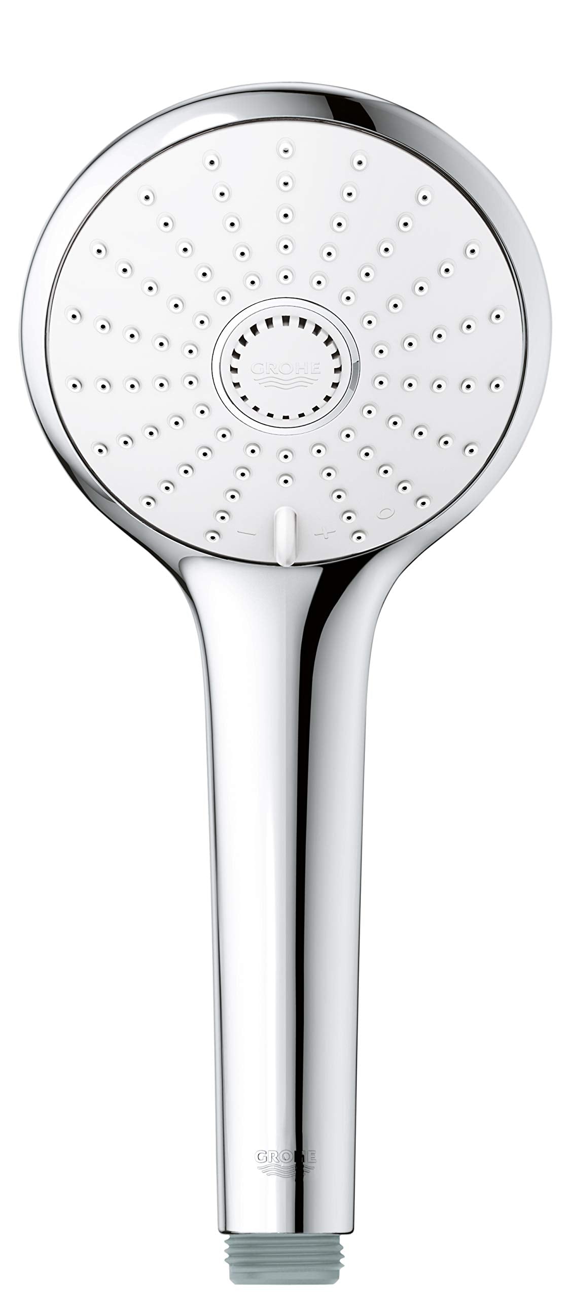Chrome hand shower with round face featuring multiple spray holes and center massage nozzle, attached to white handle.