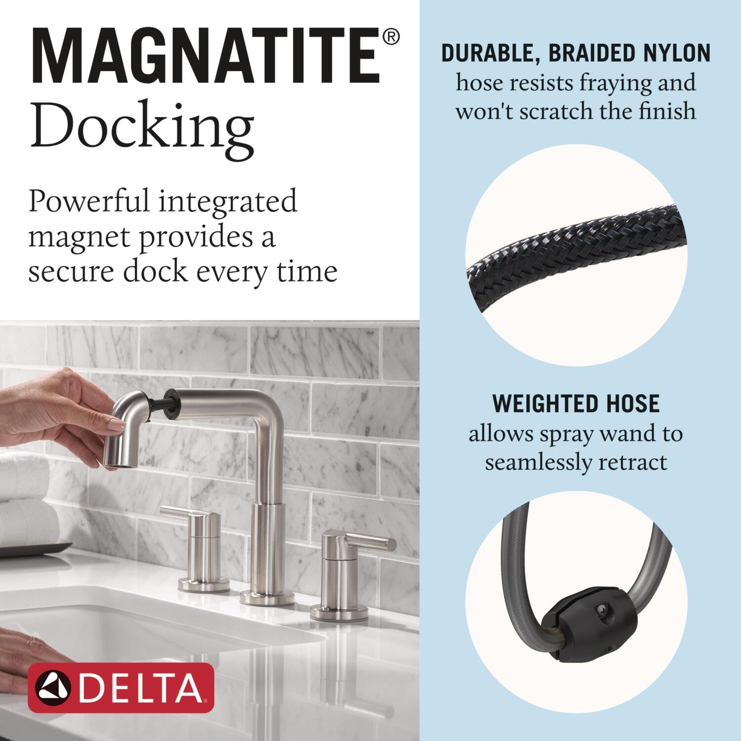 Stainless steel two-handle widespread bathroom faucet with pull-down spray wand and braided nylon hose.