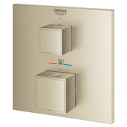 Grohe brushed nickel thermostatic valve trim with two square handles and temperature display showing 100°F and 38°C.