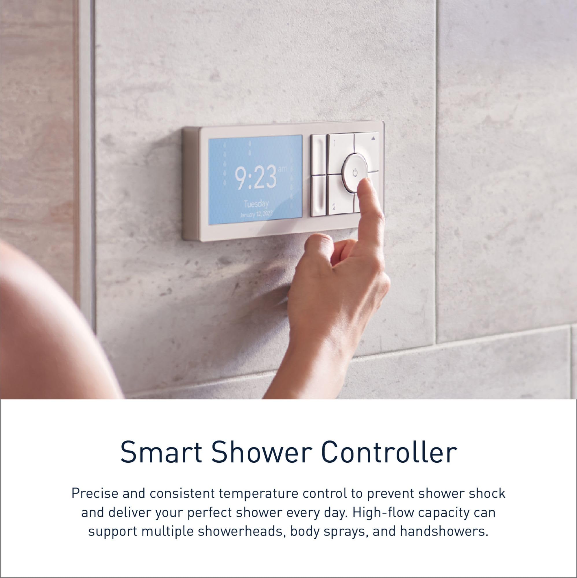 Matte black digital shower controller mounted on tile wall with blue touchscreen displaying time and dual outlet switches.