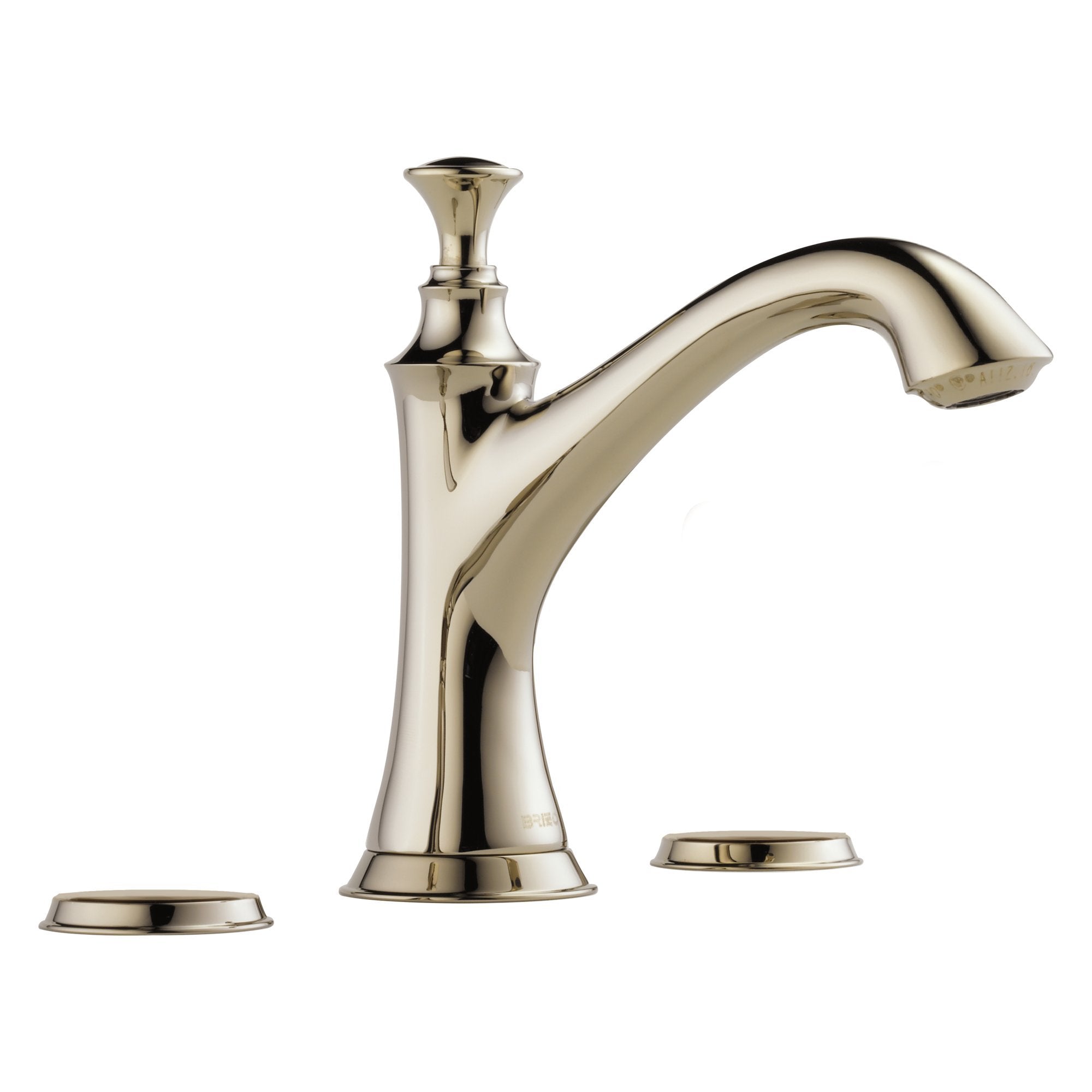 Polished nickel widespread lavatory faucet with curved spout and decorative knob-style handle, shown with two matching base p