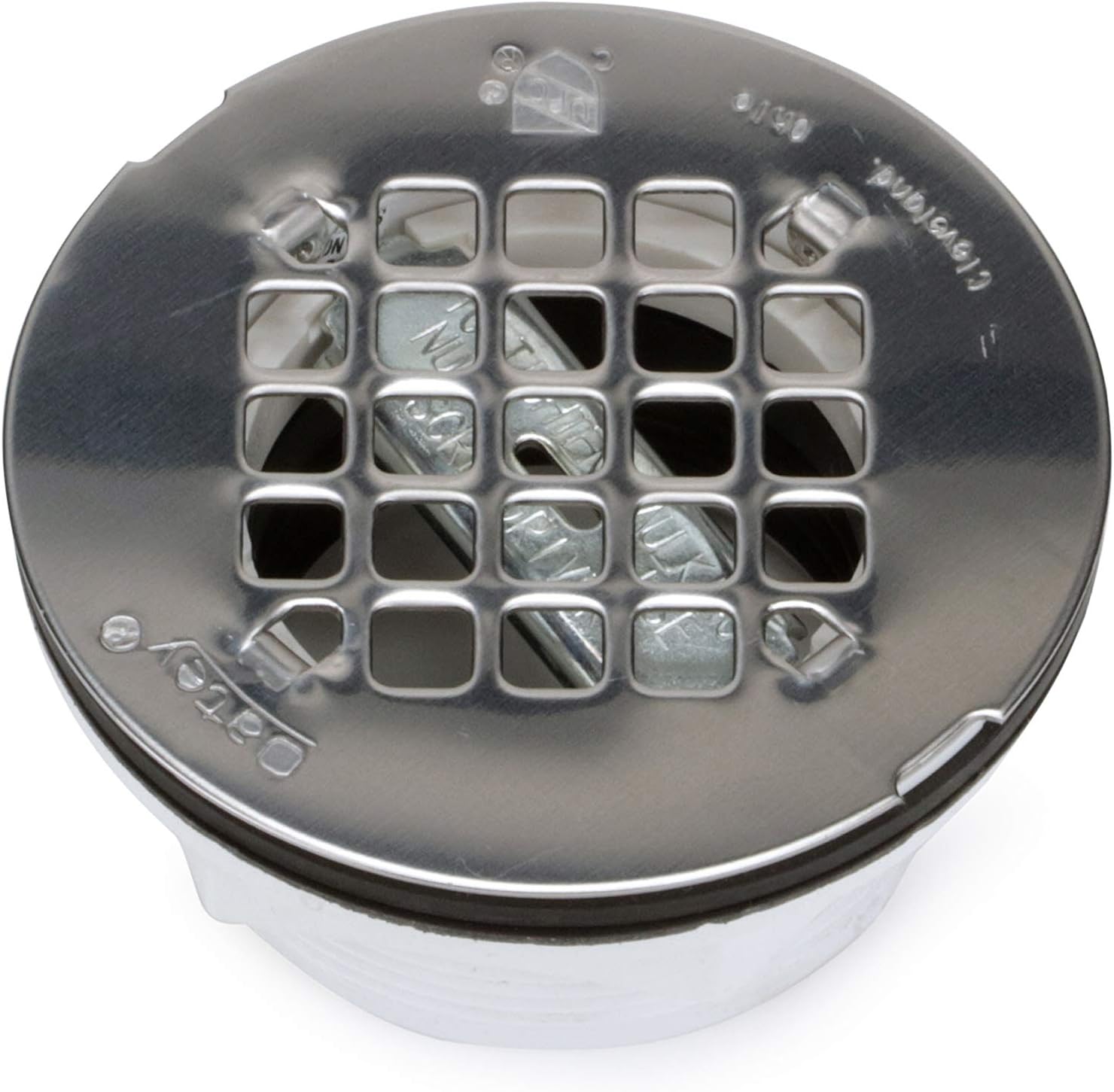 Stainless steel shower drain strainer with grid pattern and white PVC base, viewed from above.