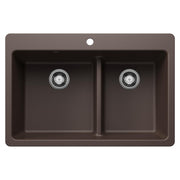 Cafe-colored dual mount sink with two equal bowls separated by low divide and chrome drain strainers.