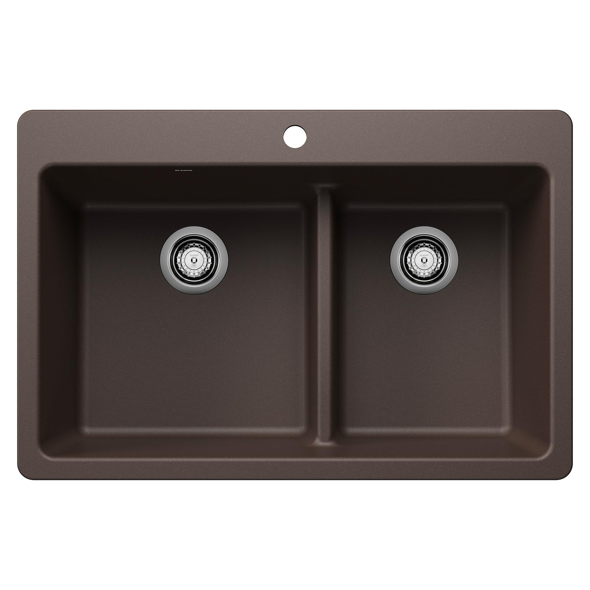 Cafe-colored dual mount sink with two equal bowls separated by low divide and chrome drain strainers.