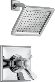 Chrome shower trim with square showerhead featuring multiple spray jets and lever handle control valve on rectangular wall pl
