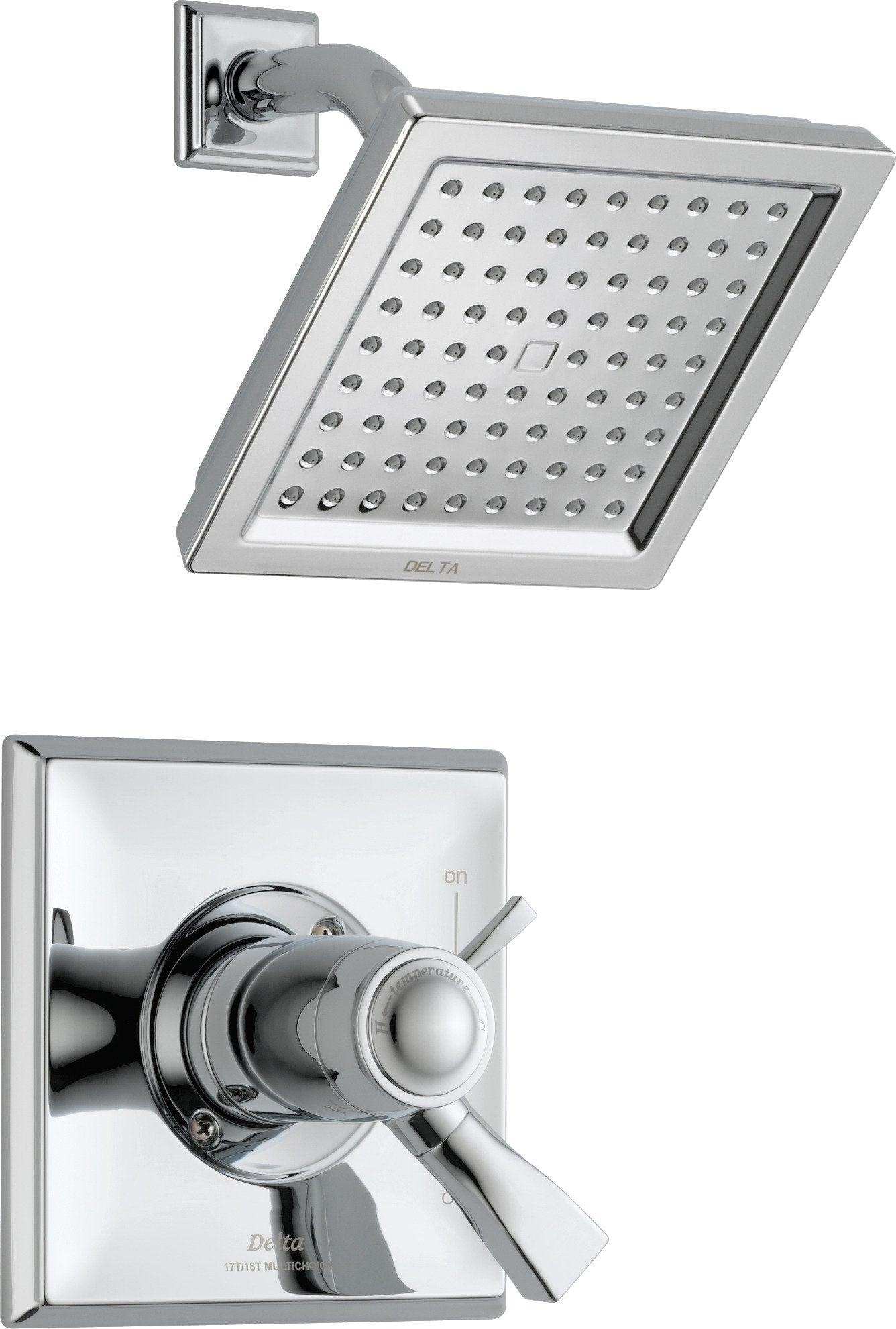 Chrome shower trim with square showerhead featuring multiple spray jets and lever handle control valve on rectangular wall pl