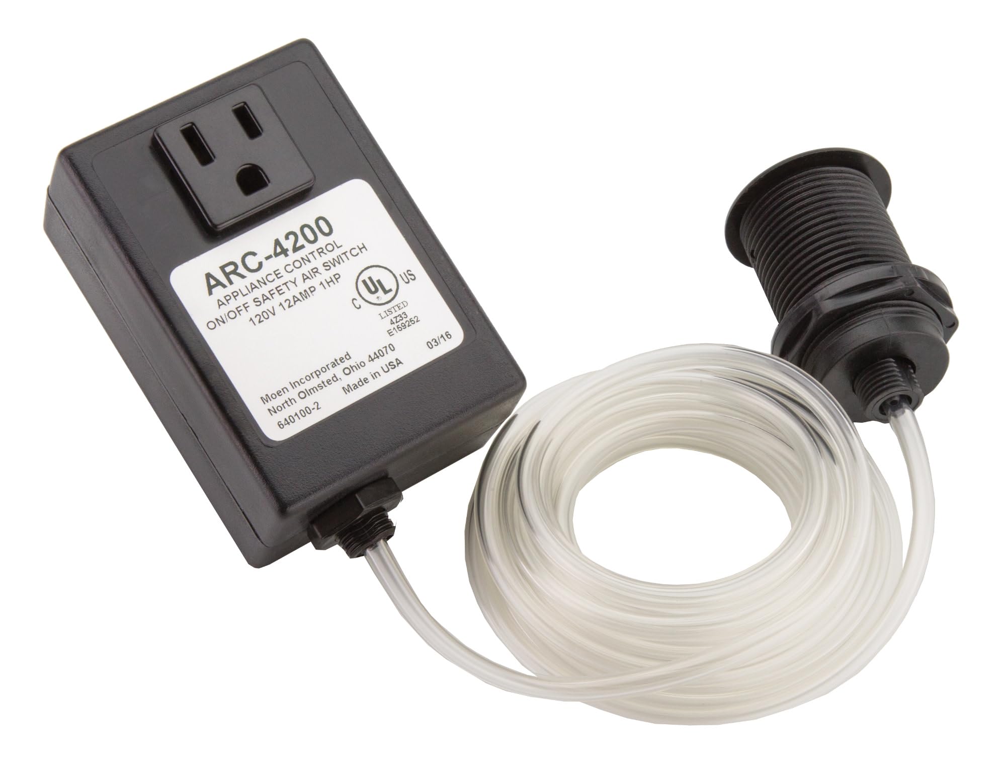 Chrome air switch controller with black housing, electrical outlet, and clear tubing with black valve connector.