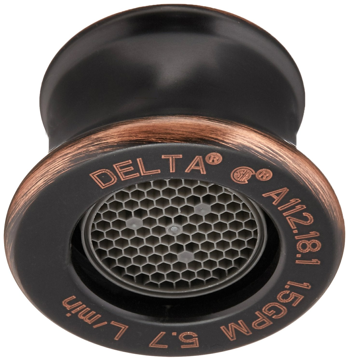 Oil rubbed bronze faucet aerator with dome top and hexagonal mesh screen insert.
