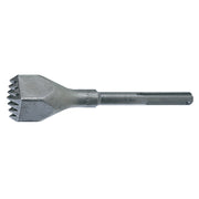 Gray metal SDS-Max demolition bushing tool with wide chisel head and pointed teeth.