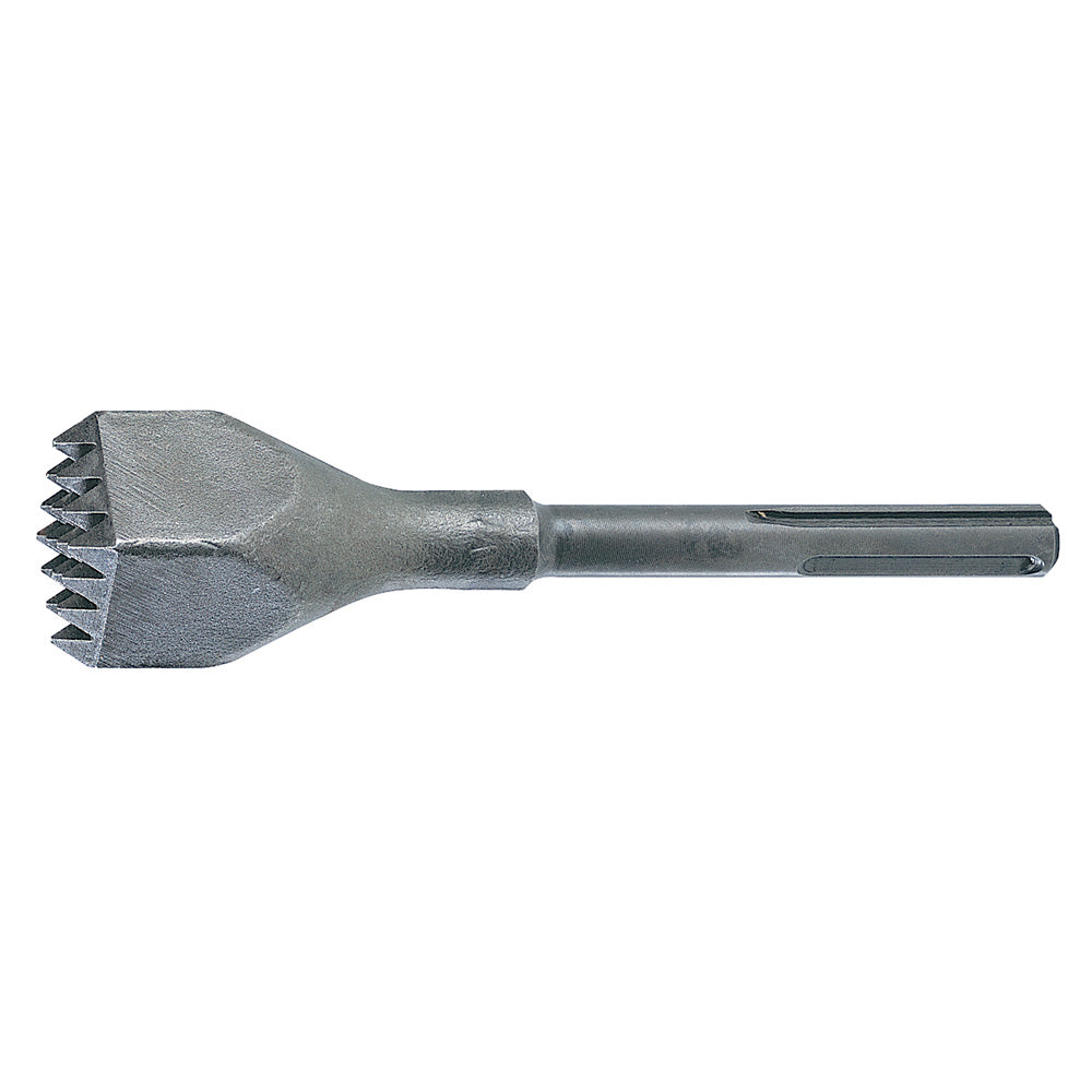 Gray metal SDS-Max demolition bushing tool with wide chisel head and pointed teeth.