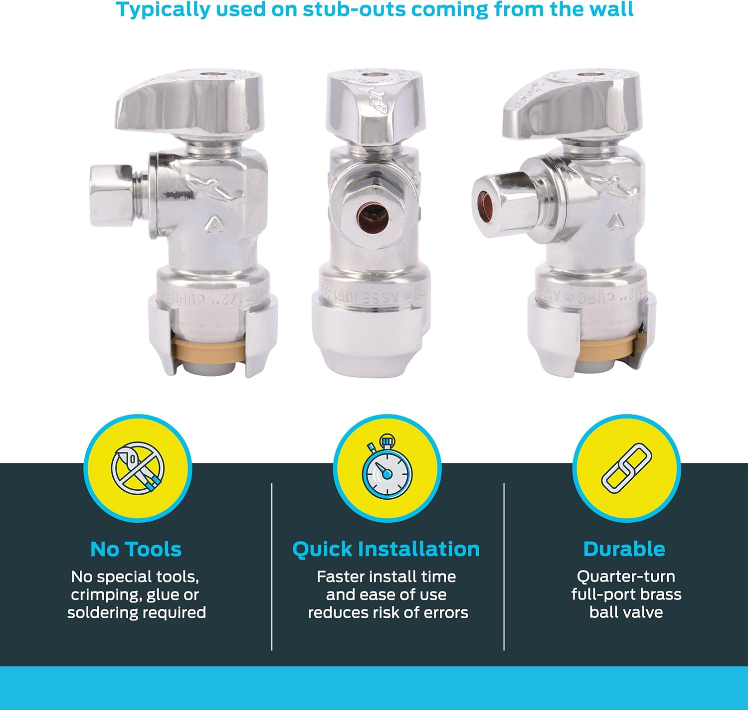 Brass compression angle stop valve with quarter-turn handle shown from three angles, push-to-connect fitting.