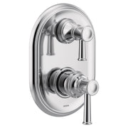 Chrome shower trim with two lever handles and oval escutcheon plate, Moen Belfield series.
