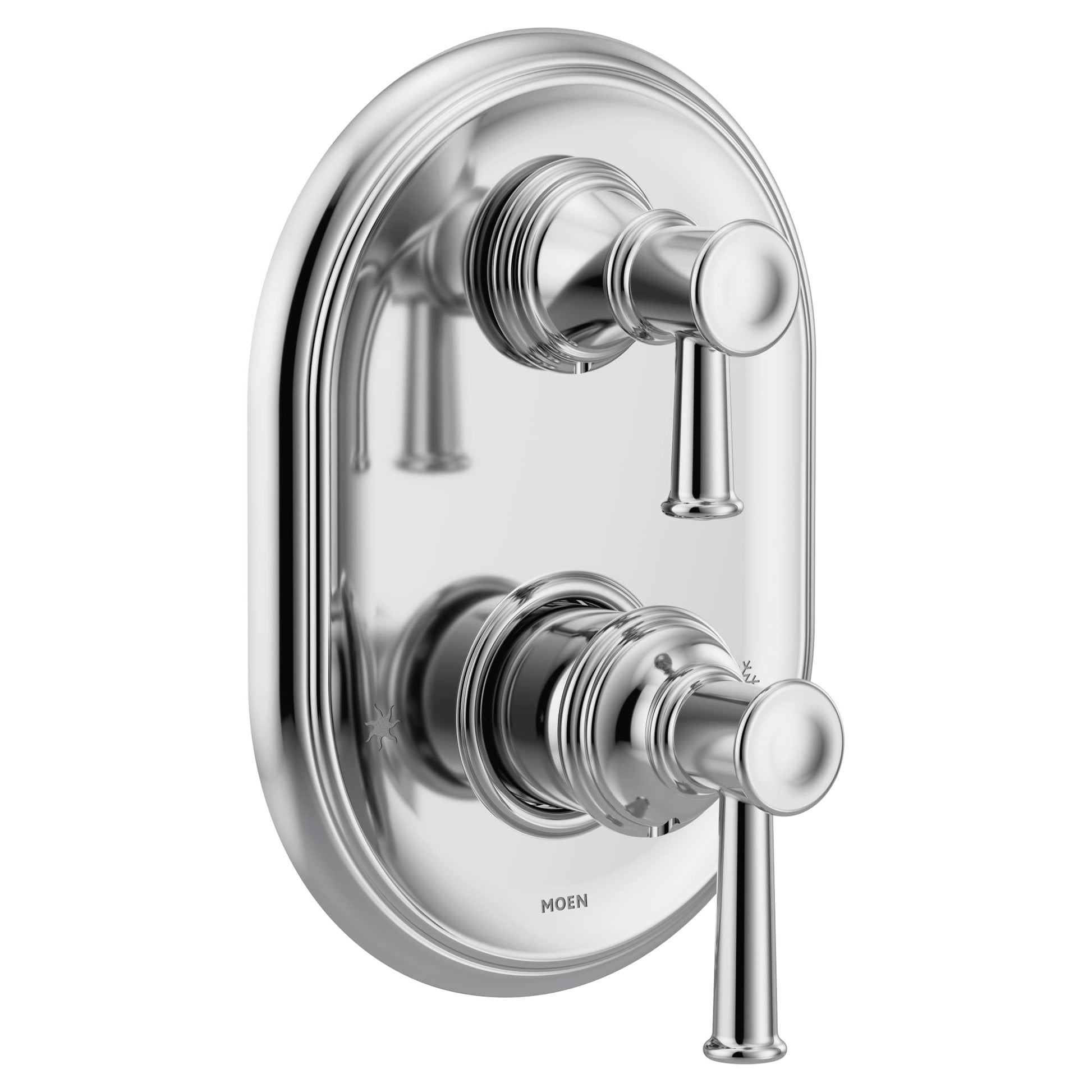 Chrome shower trim with two lever handles and oval escutcheon plate, Moen Belfield series.