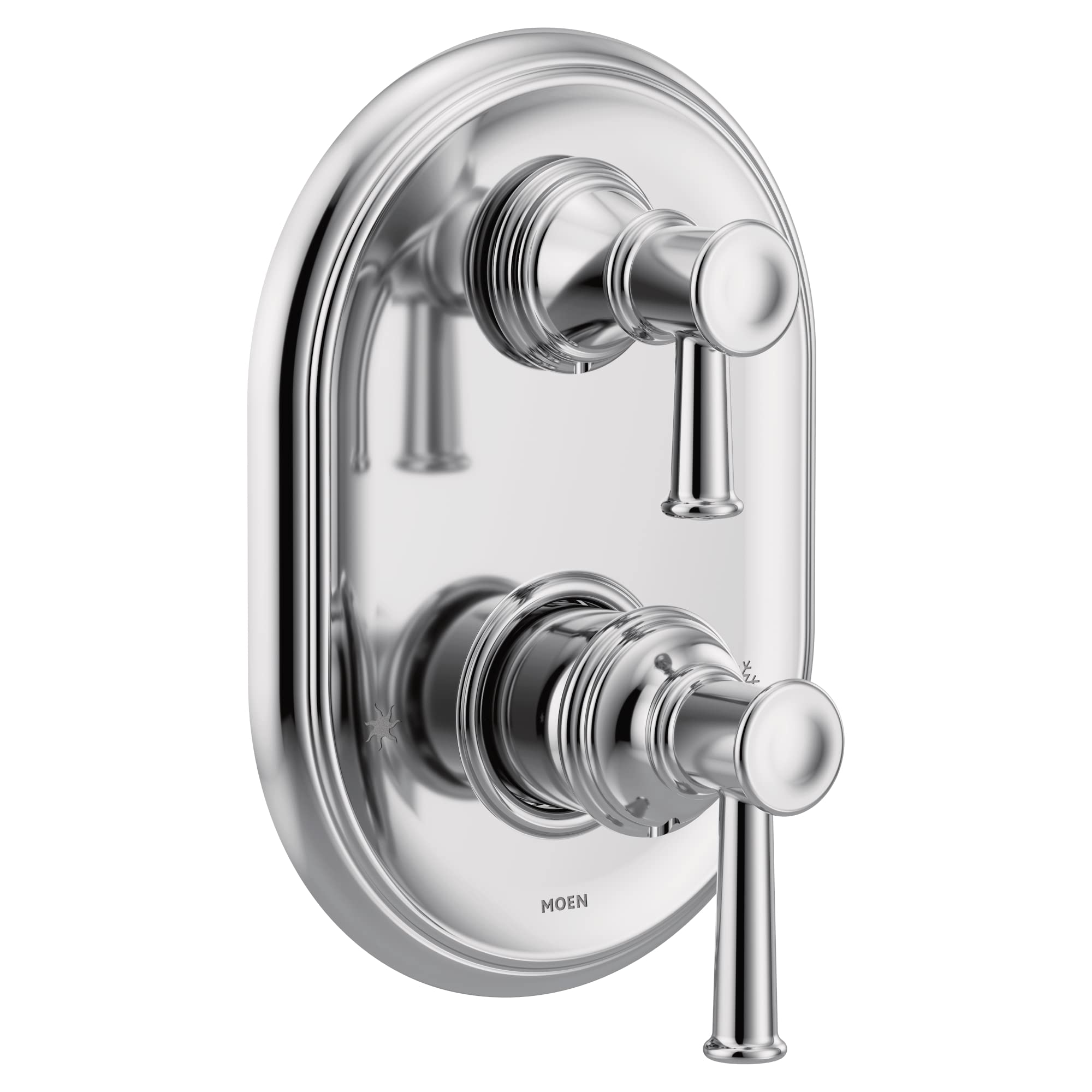 Chrome shower trim with two lever handles and oval escutcheon plate, Moen Belfield series.