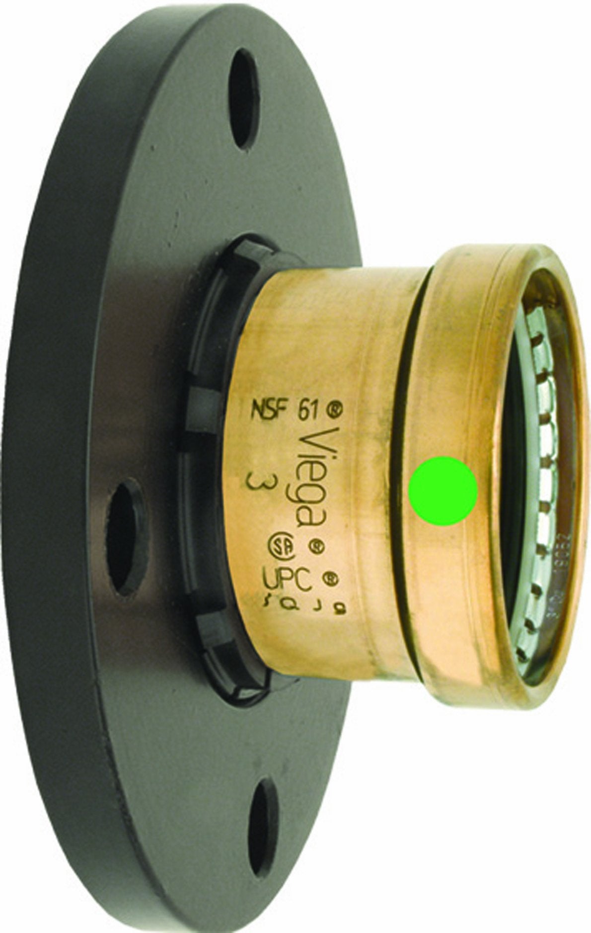 Copper ProPress adapter with gray flanged connection on left and brass press fitting on right, marked with NSF and Viega bran
