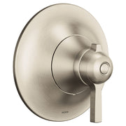 Brushed nickel shower valve trim with circular escutcheon plate and single lever handle with temperature control button.