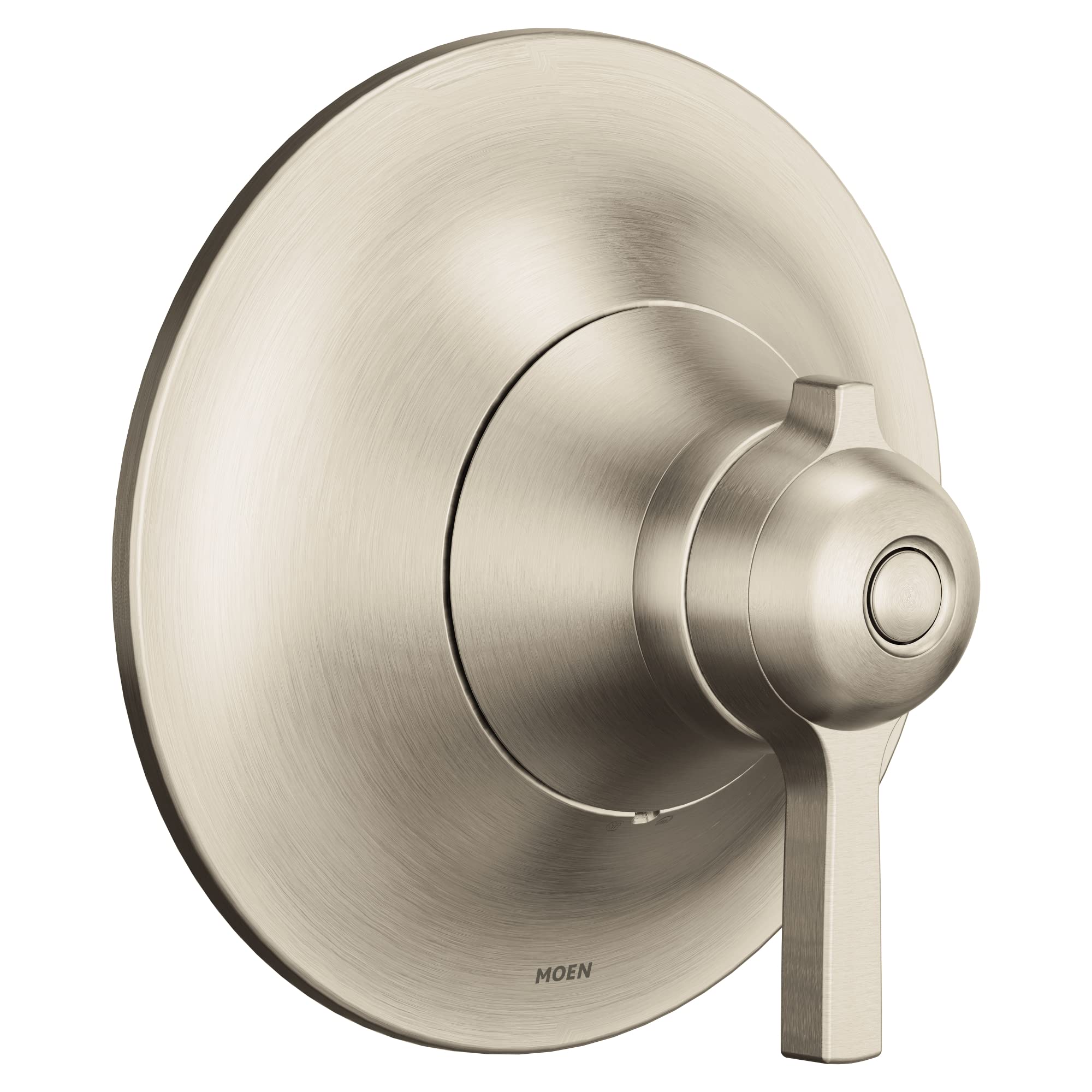Brushed nickel shower valve trim with circular escutcheon plate and single lever handle with temperature control button.