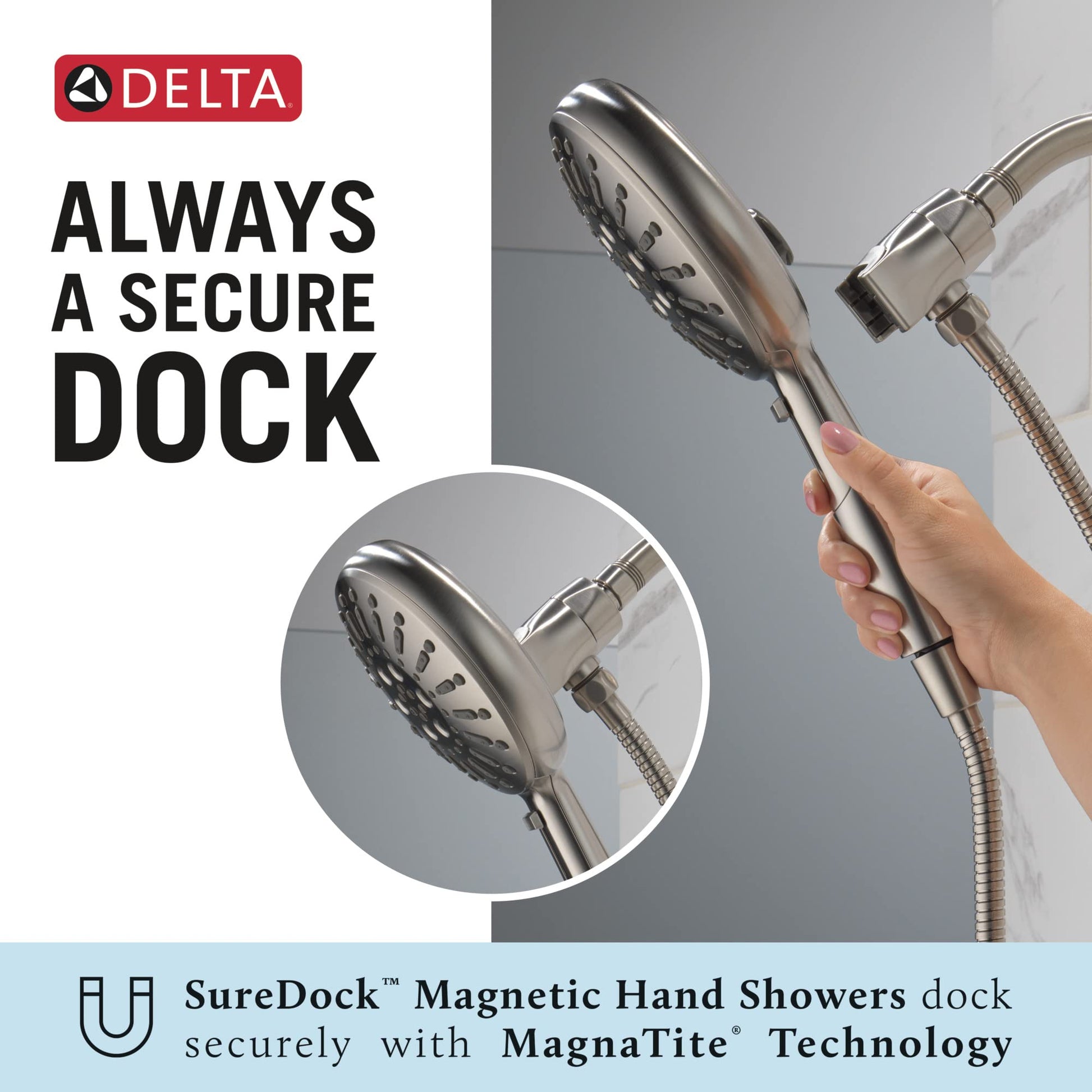 Stainless steel hand shower with multiple spray settings and magnetic dock holder mounted on wall.