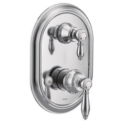 Chrome shower trim with two handles and oval escutcheon plate, upper lever for temperature control and lower knob labeled "Ho