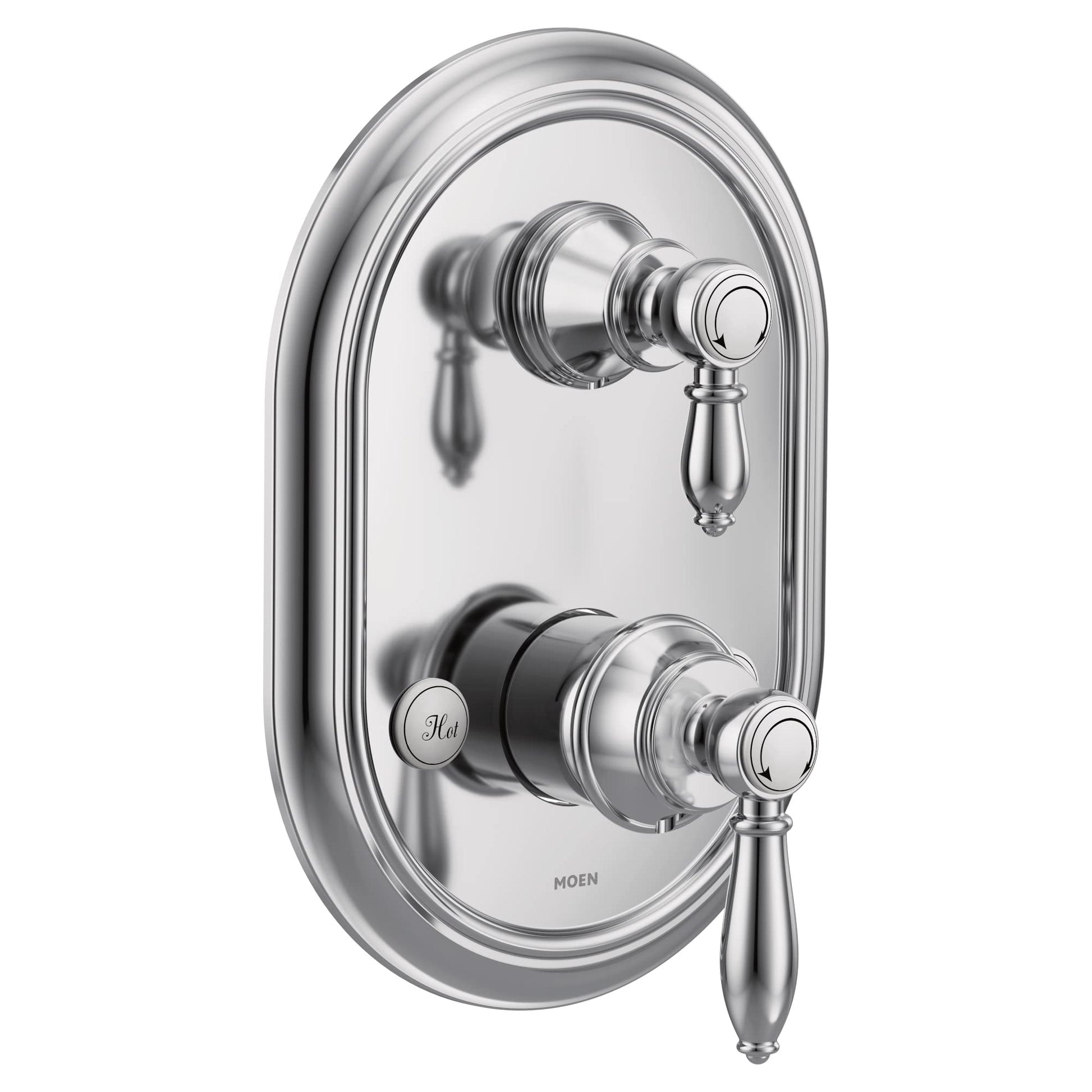 Chrome shower trim with two handles and oval escutcheon plate, upper lever for temperature control and lower knob labeled "Ho