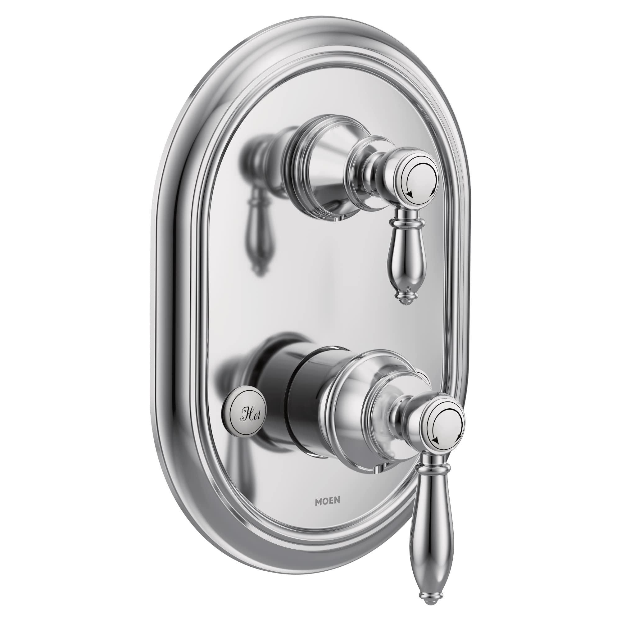 Chrome shower trim with two handles and oval escutcheon plate, upper lever for temperature control and lower knob labeled "Ho