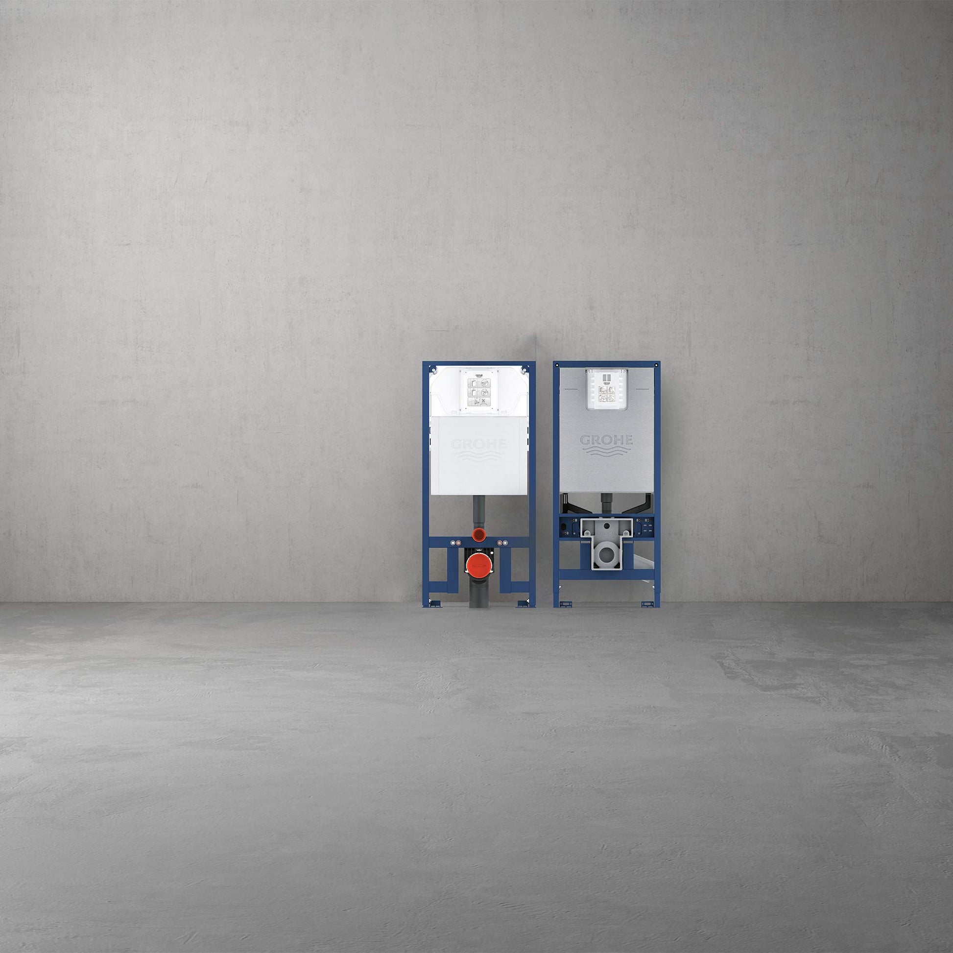 Two blue metal in-wall carrier frames with white cistern tanks, red valve, and internal plumbing components visible.
