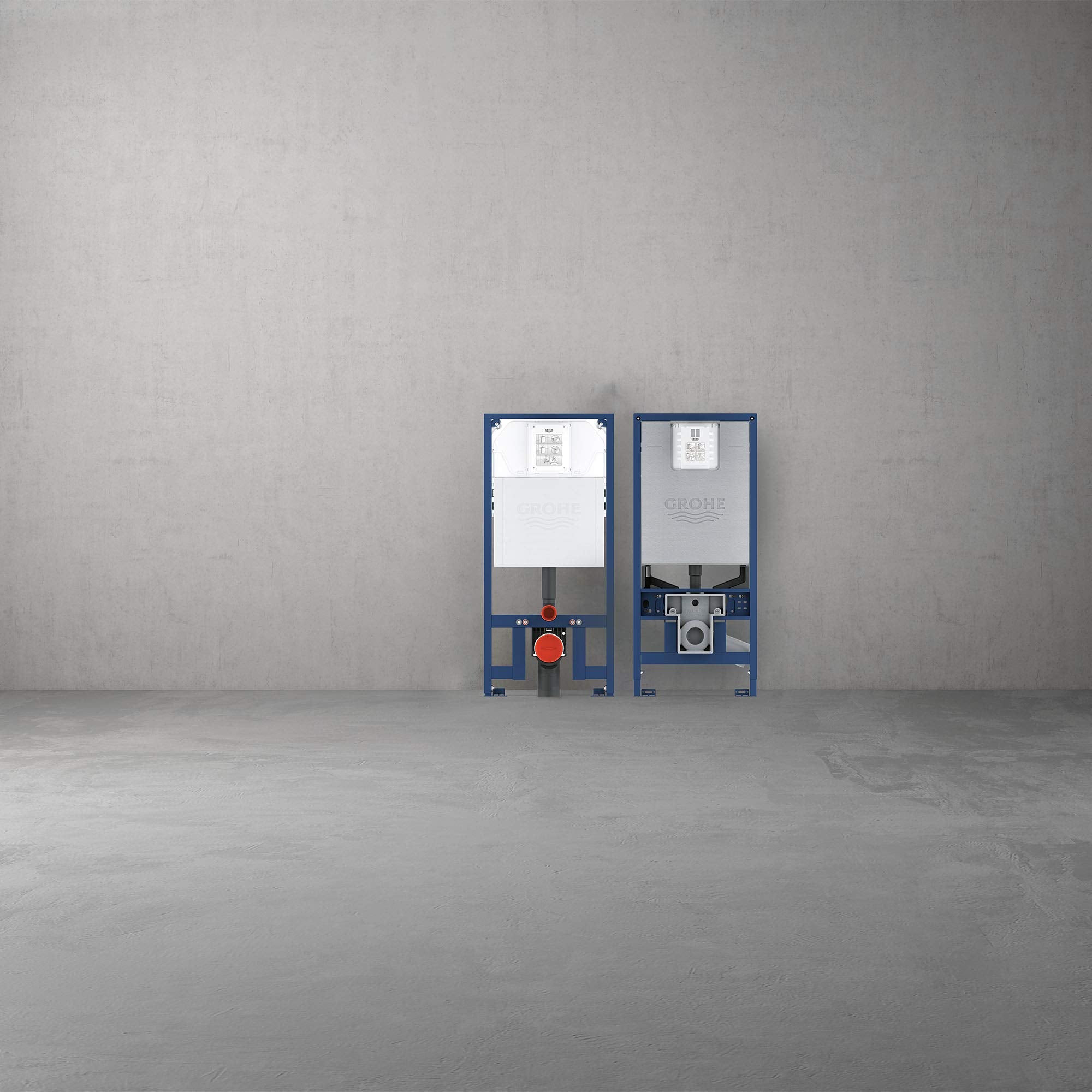 Two blue metal in-wall carrier frames with white cistern tanks, red valve, and internal plumbing components visible.