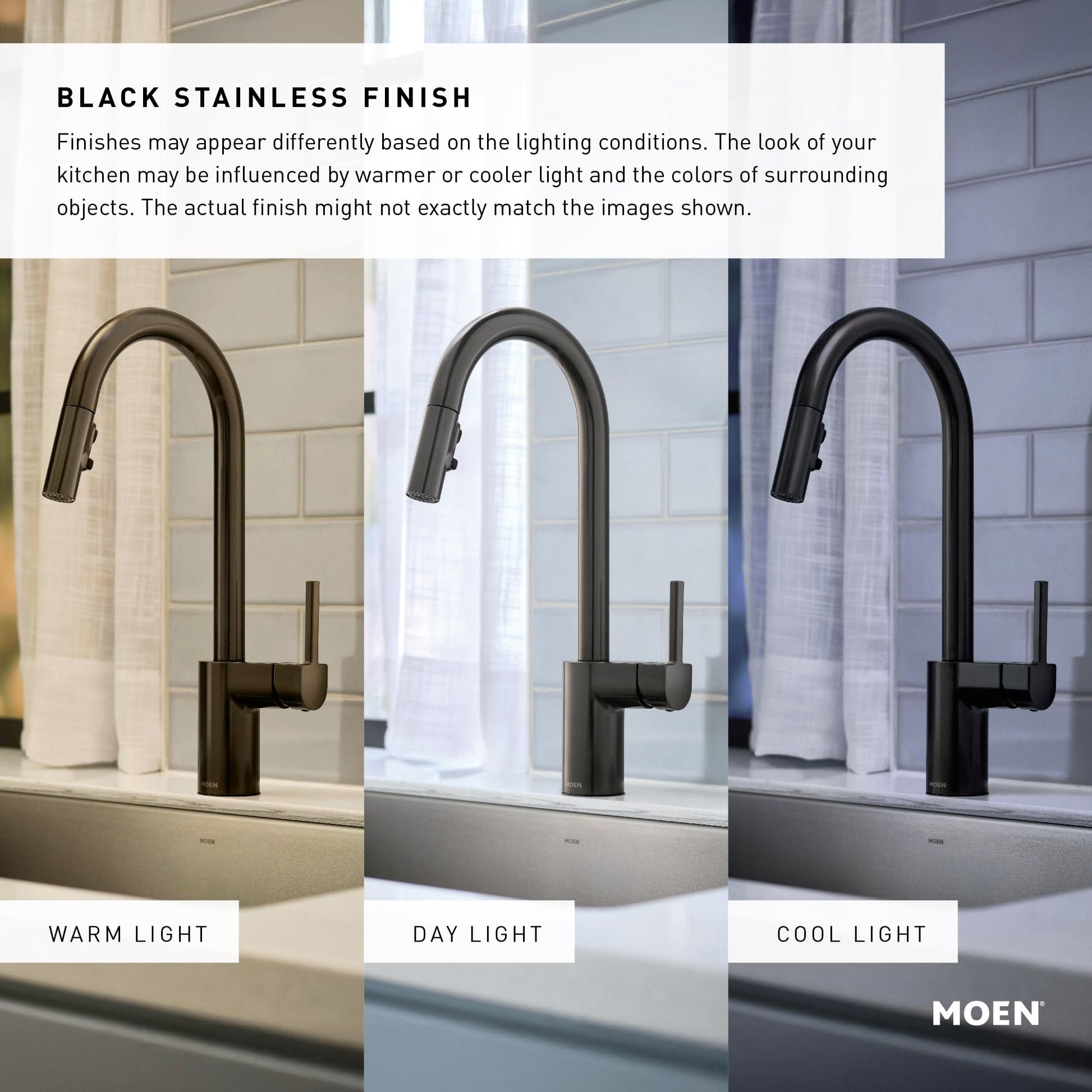 Black stainless pulldown kitchen faucet with single handle and spray head shown in three lighting conditions.