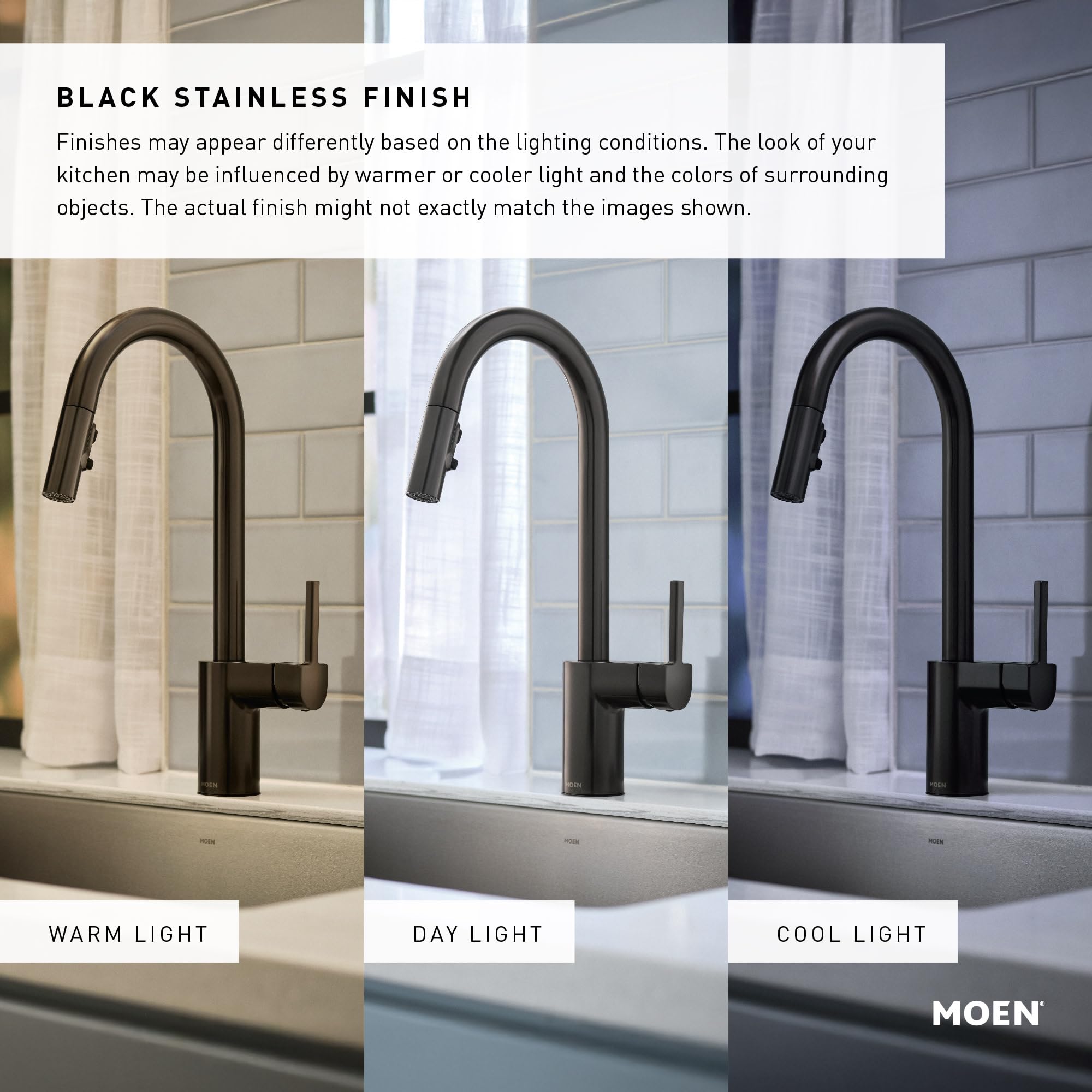 Black stainless pulldown kitchen faucet with single handle and spray head shown in three lighting conditions.