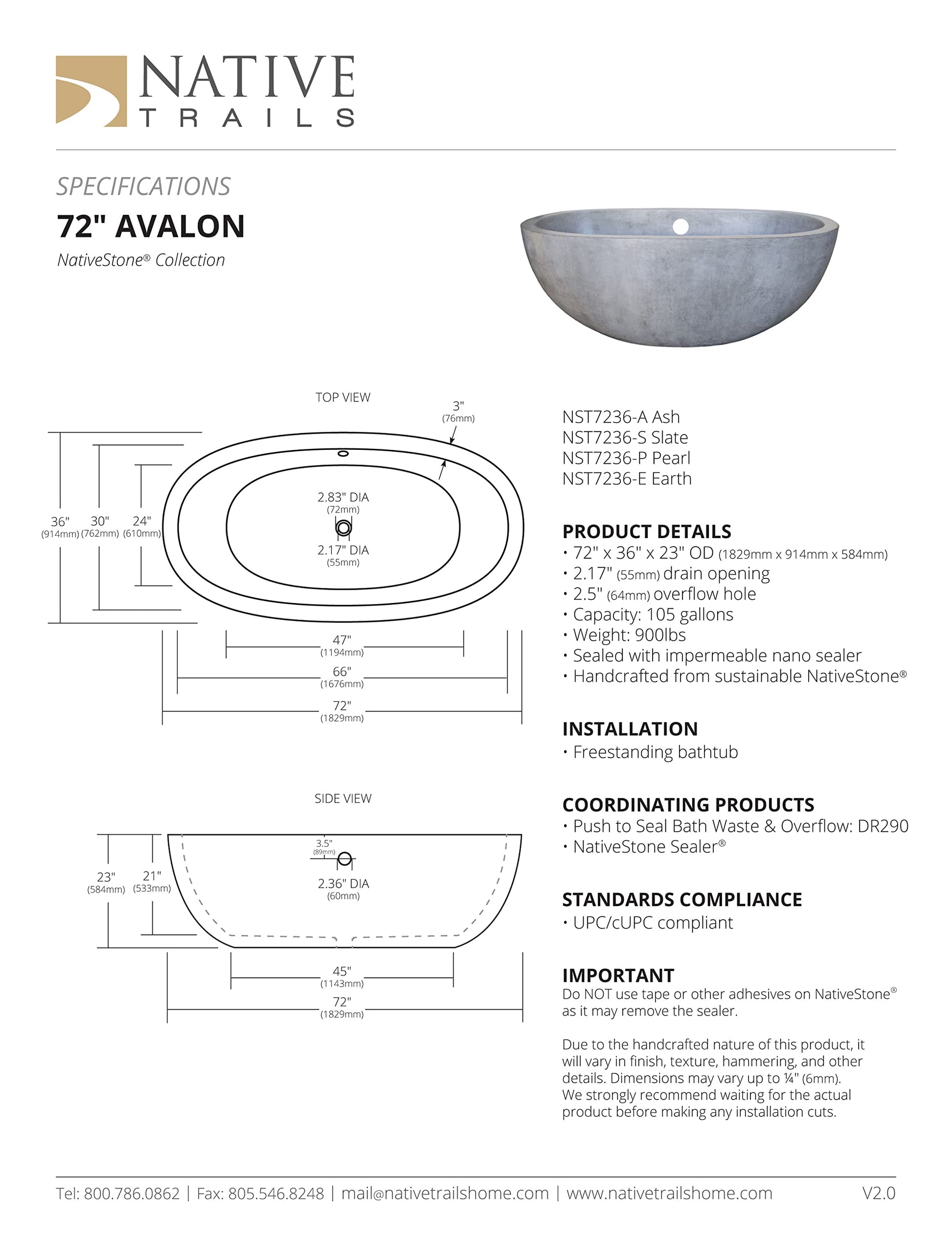 Gray stone Avalon 72-inch freestanding bathtub with oval basin shape and single drain opening.