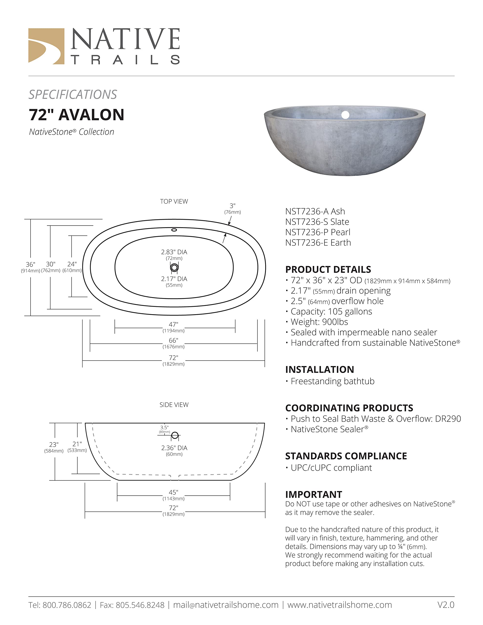 Native Trails NST7236-A Avalon 72" Bathtub: Ash