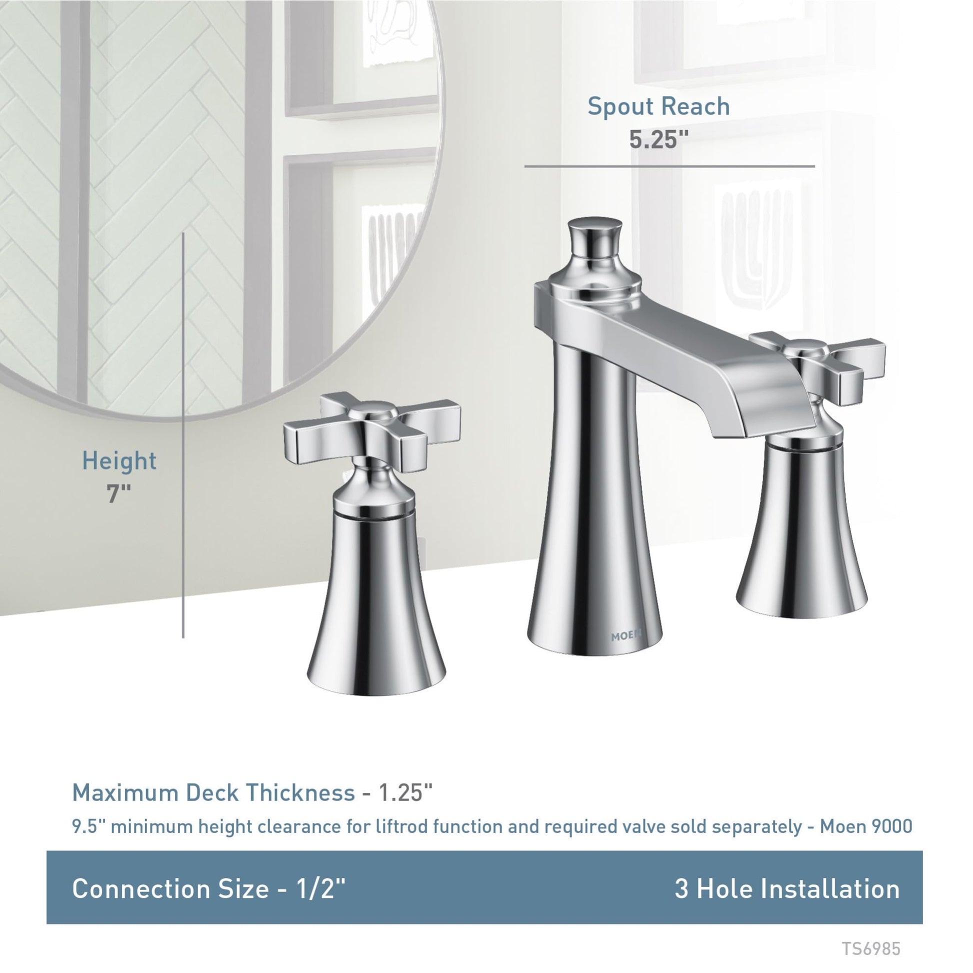 Polished nickel two-handle widespread bathroom faucet with cross handles, 7" height and 5.25" spout reach.