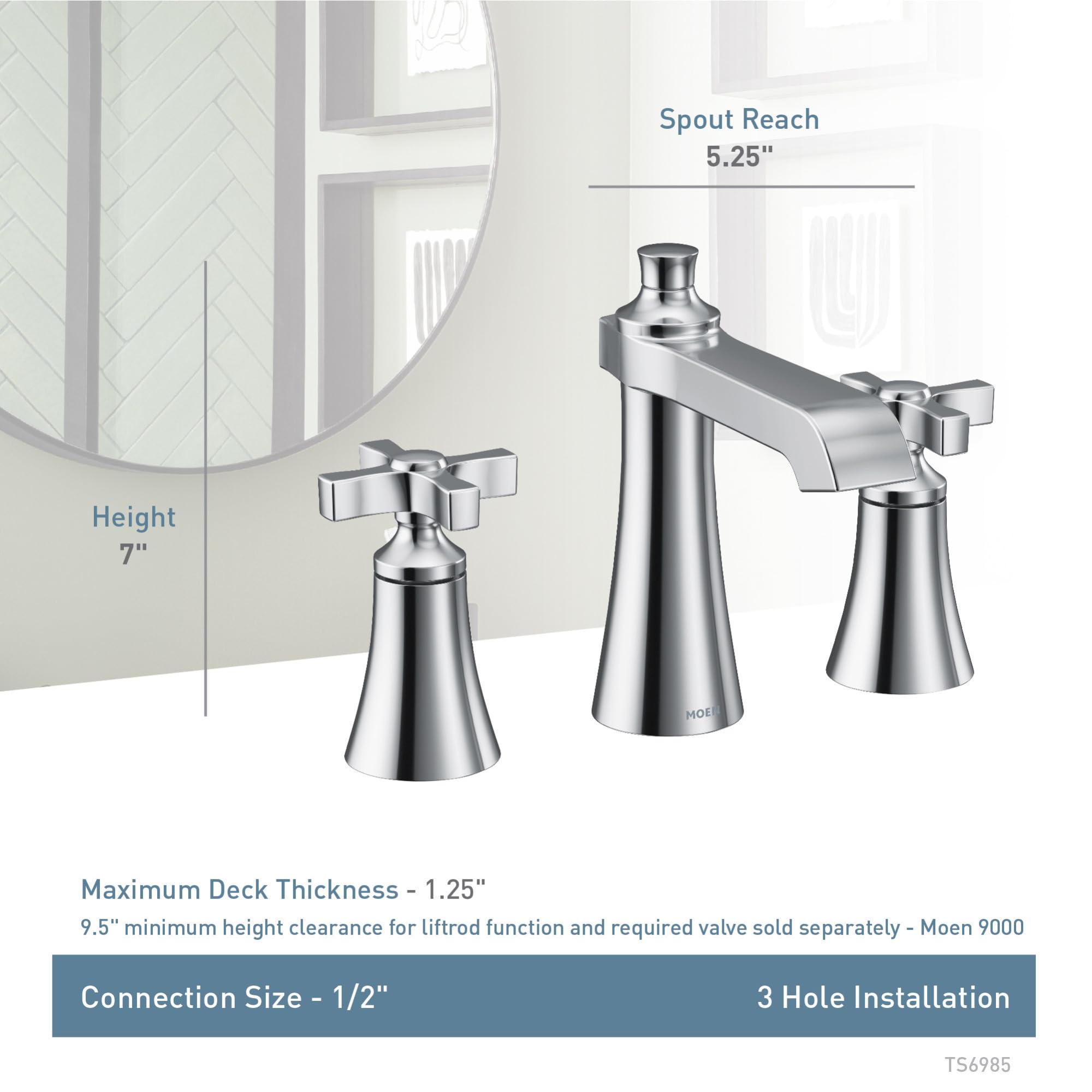 Brushed gold two-handle bathroom faucet with 5.25" spout reach, cross handles, and tapered cone-shaped body.