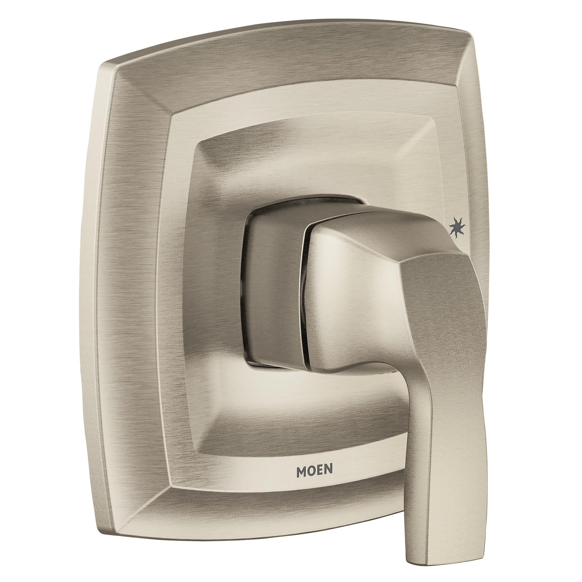 Brushed nickel single-handle shower trim with square escutcheon plate and lever handle.