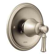 Brushed nickel shower valve trim with round escutcheon plate and single lever handle.