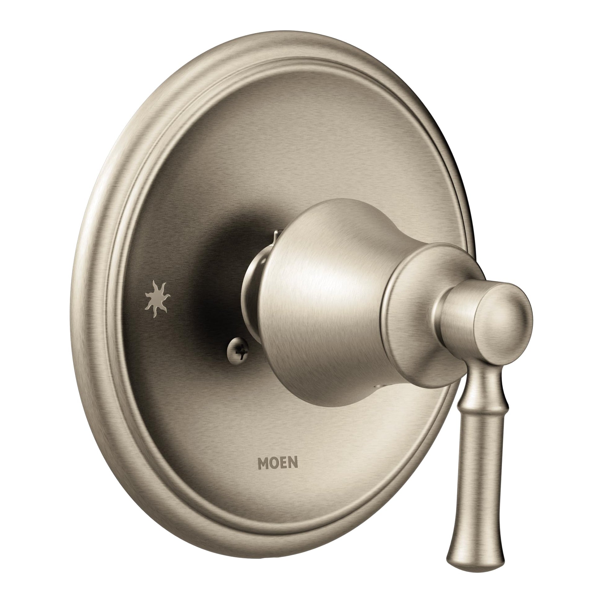 Brushed nickel shower valve trim with round escutcheon plate and single lever handle.