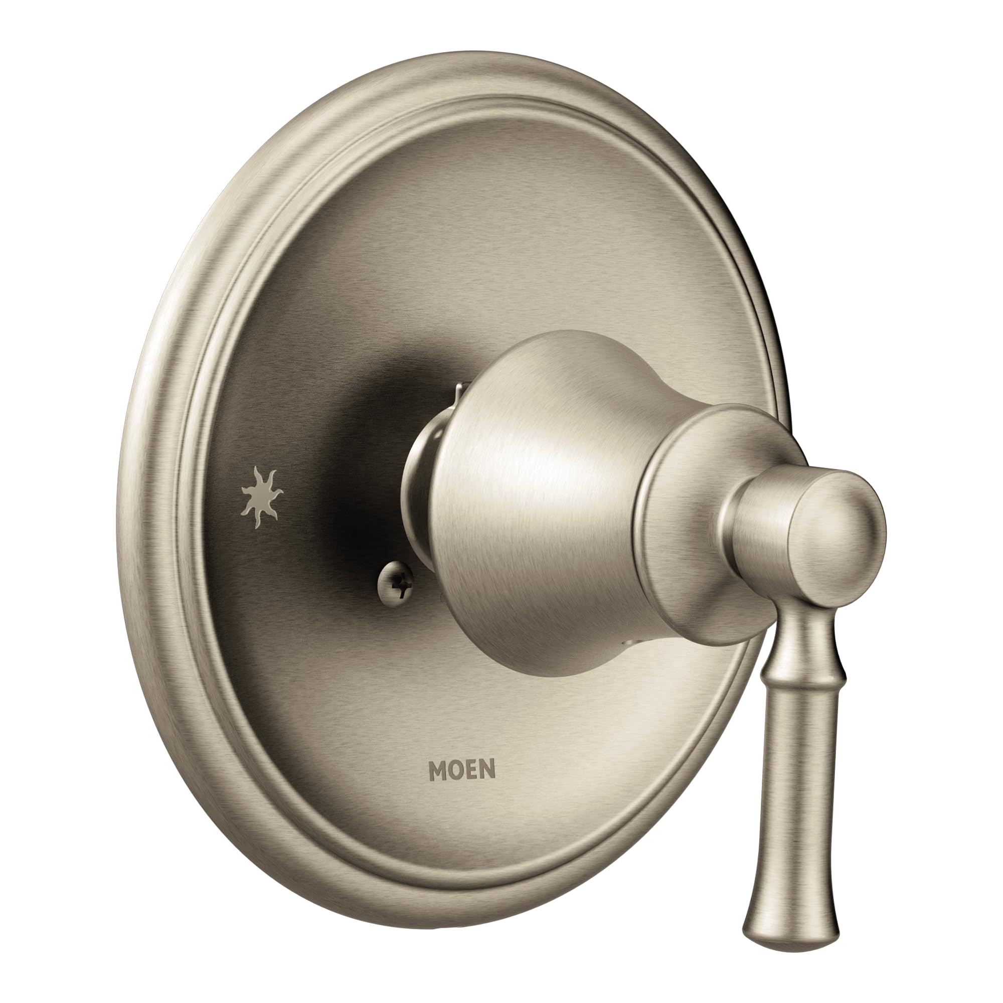 Brushed nickel shower valve trim with round escutcheon plate and single lever handle.