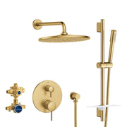 Brushed gold shower set with rain showerhead, wall arm, handheld sprayer, vertical rail, and pressure balance valve controls.