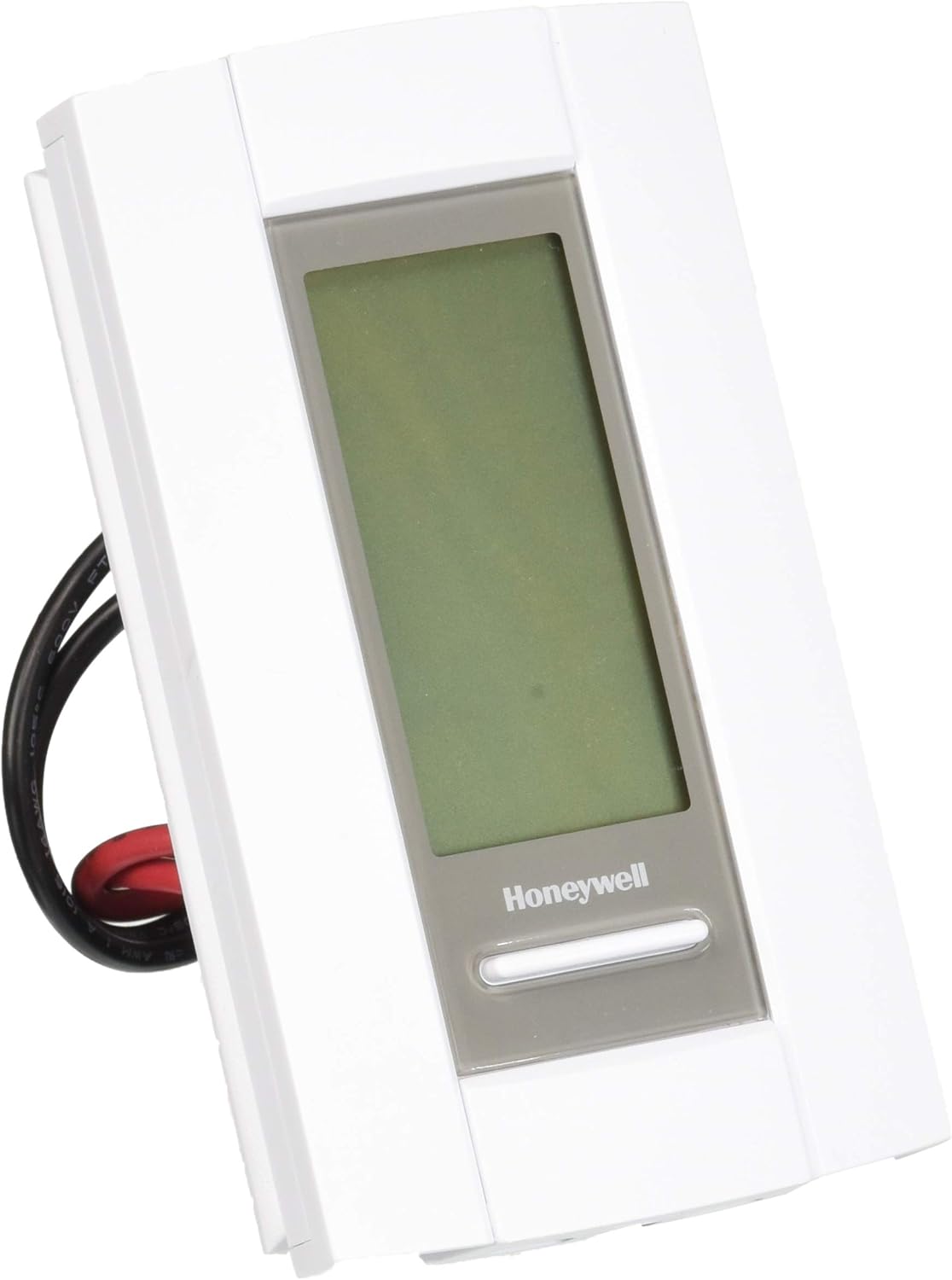 White Honeywell thermostat with green LCD display and attached black and red wires.